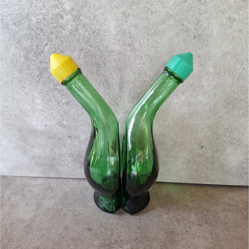 Vintage MCM oil & vinegar decanter bottles green glass matching set artsy funky
